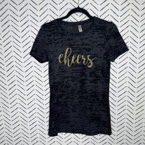 Black Burnout “Cheers” Graphic Tee Metallic Gold  Festive Party Shirt Large